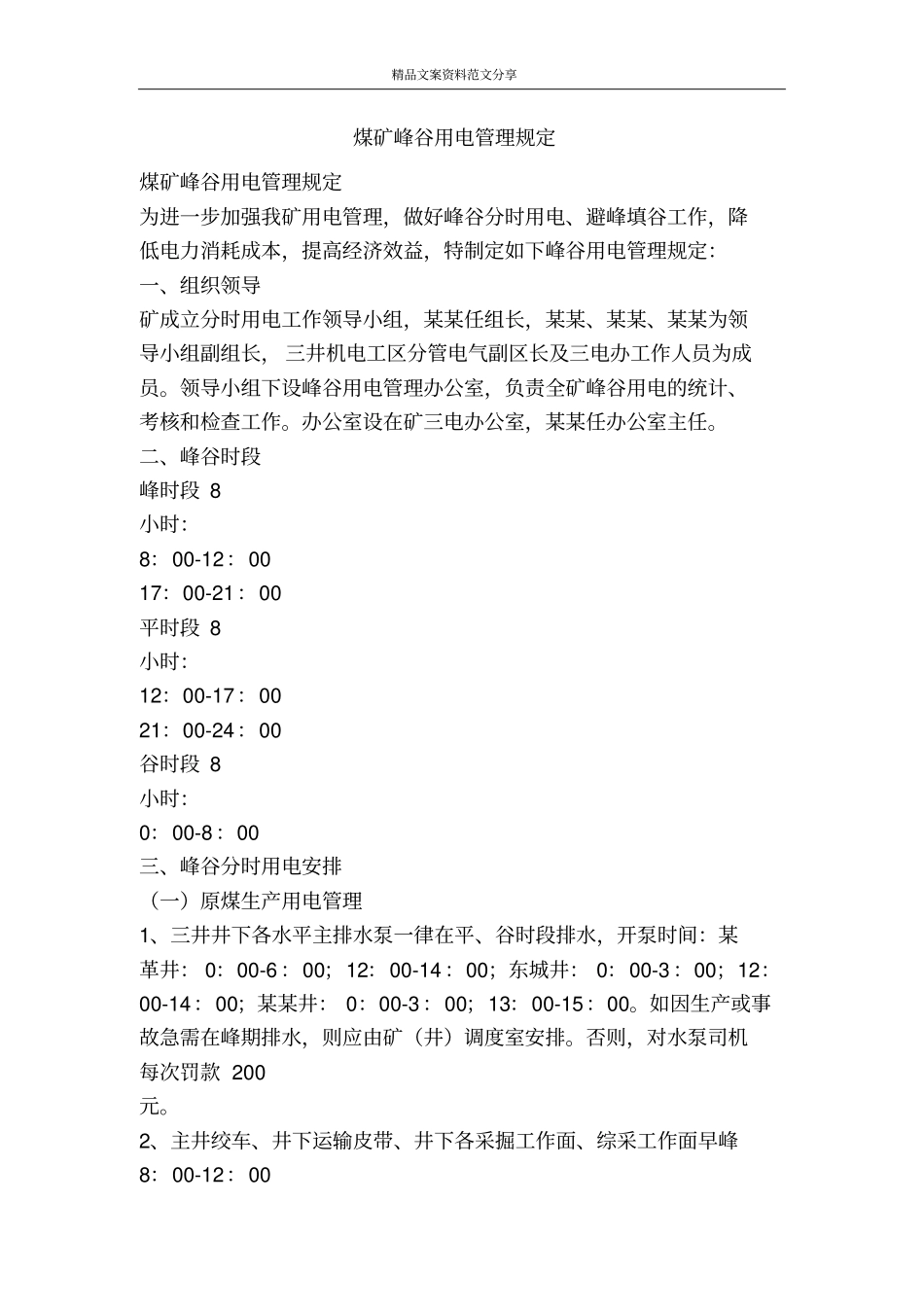 煤矿峰谷用电管理规定-精品文案范文_第1页