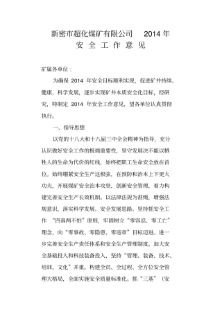 煤矿有限公司安全工作意见