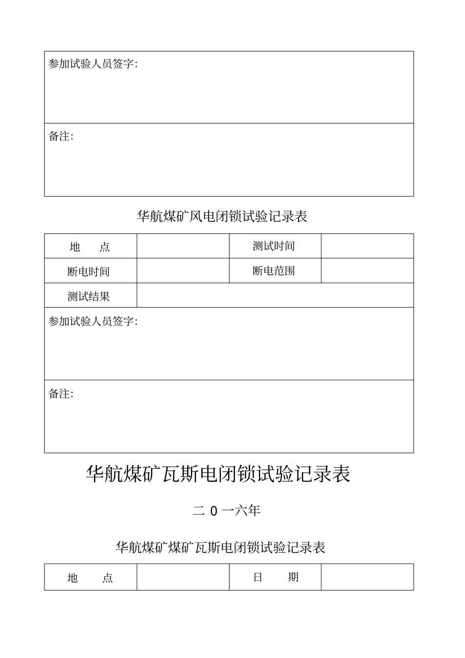煤矿瓦斯电闭锁、风电闭锁试验记录表_第2页