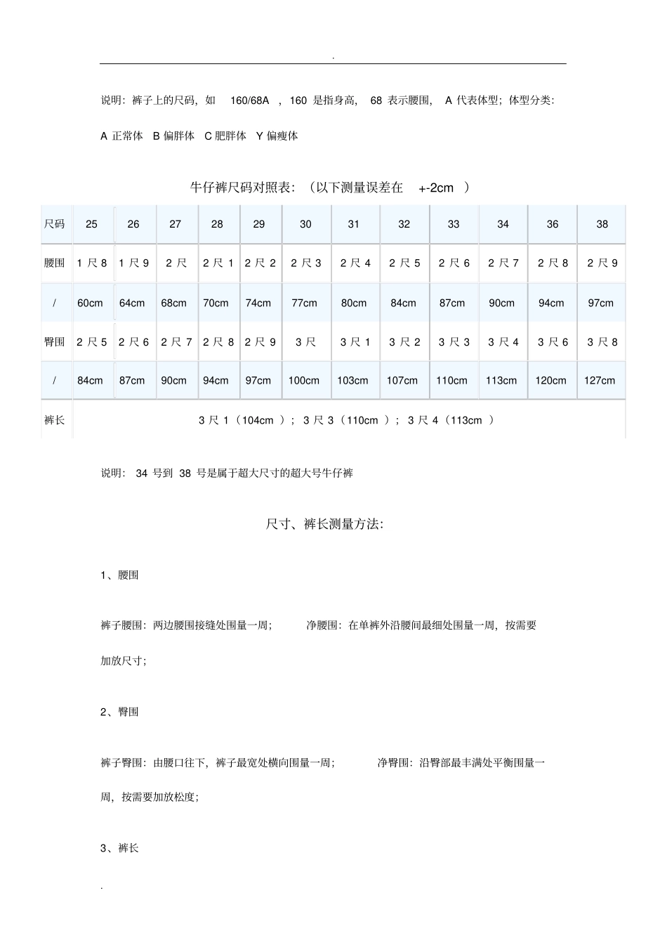 牛仔裤尺码对照表_第2页