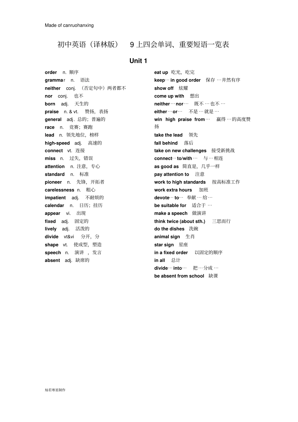 牛津译林版英语九上单词、重要短语一览表_第1页
