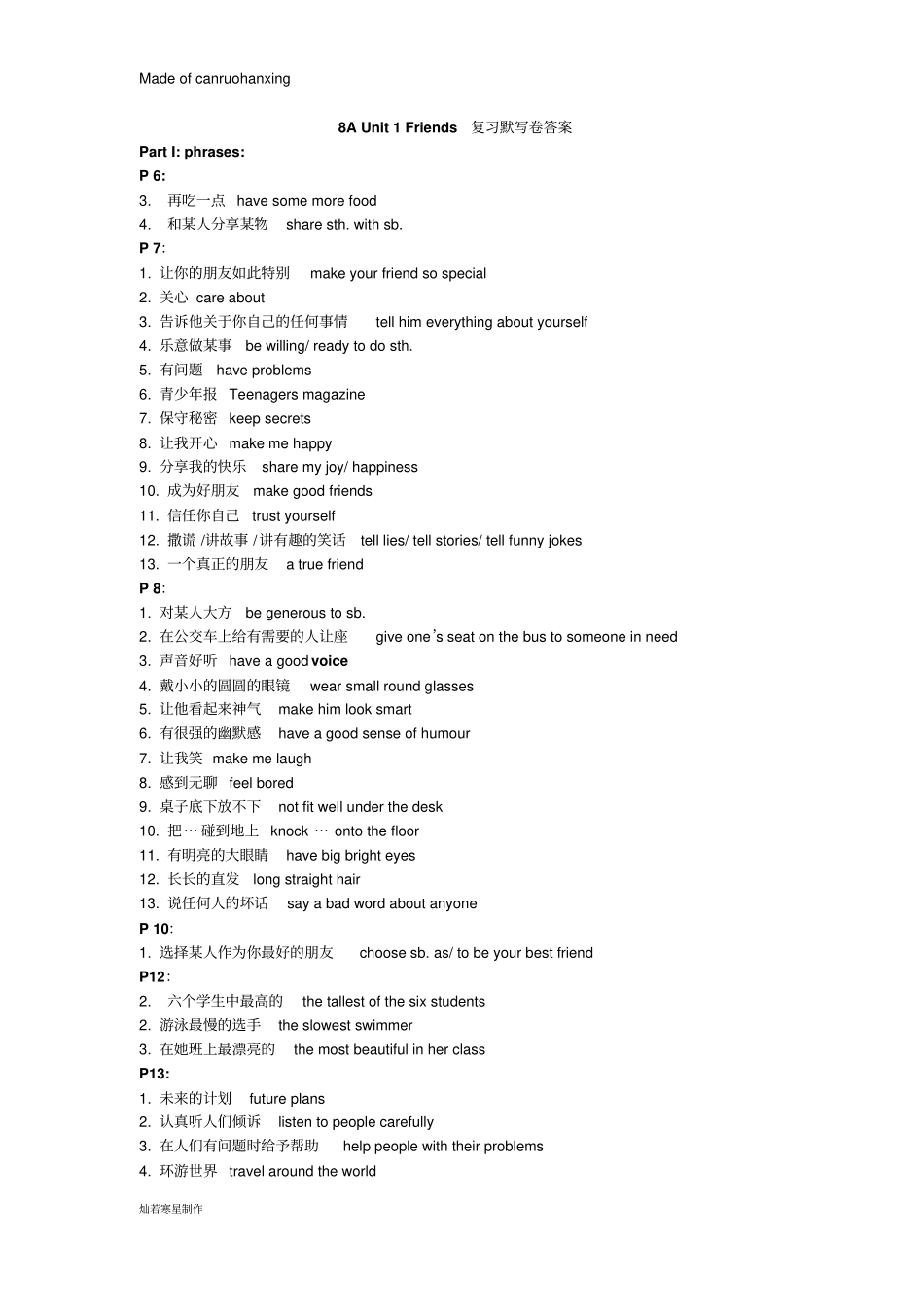 牛津译林版英语八上Unit1Friends复习默写卷_第3页