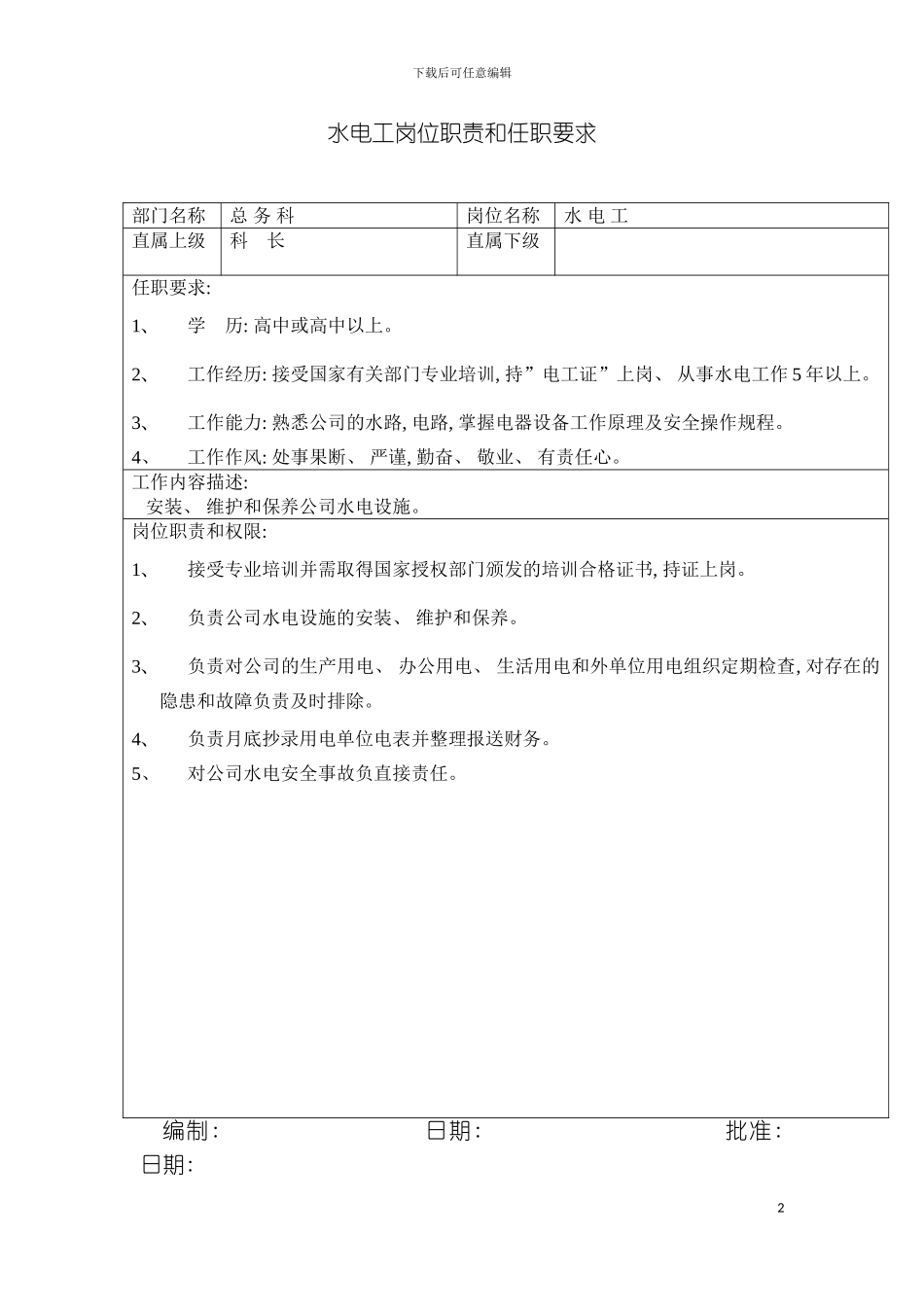公司岗位职责和任职要求样本_第2页