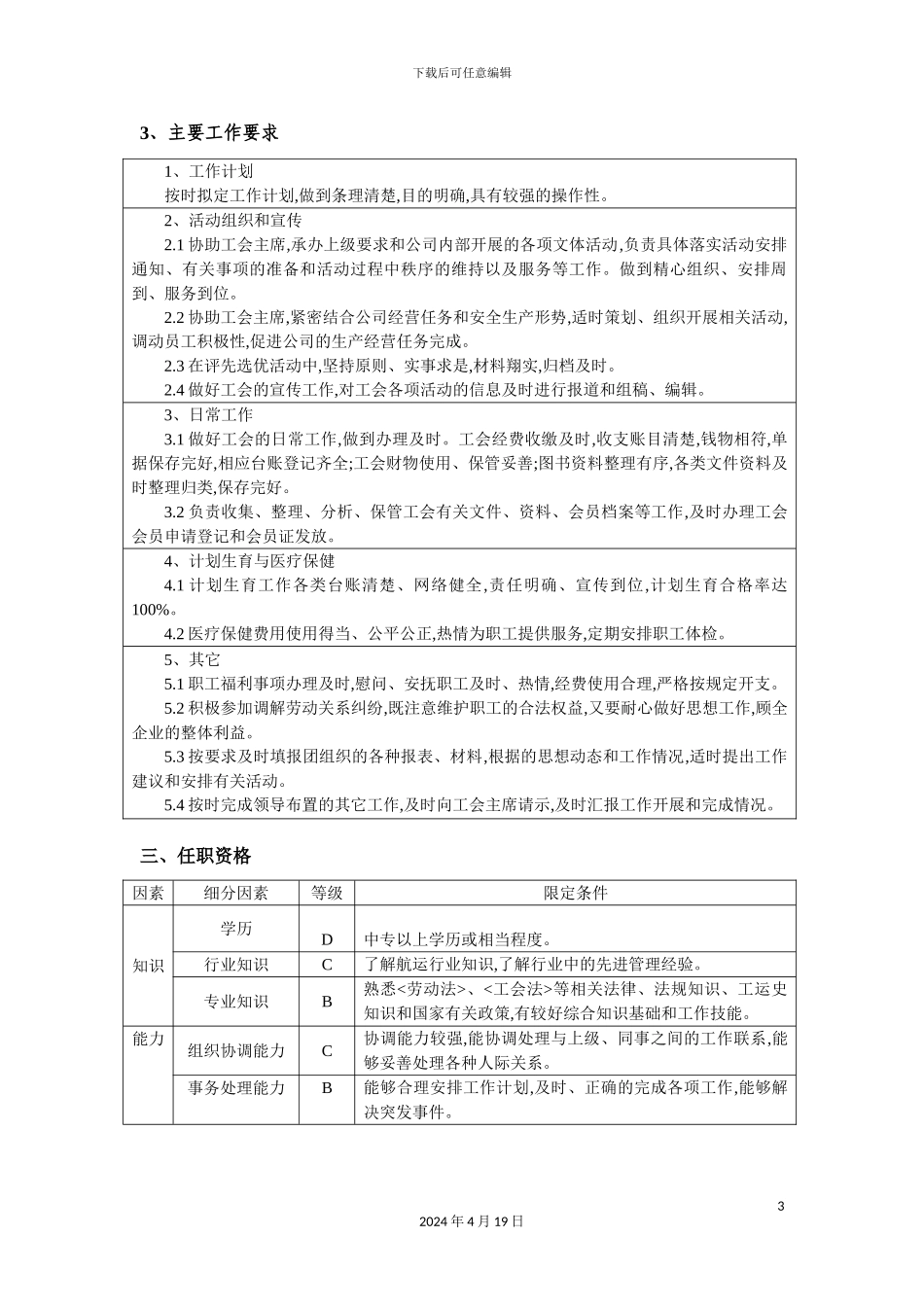公司工会干事岗位说明书_第3页