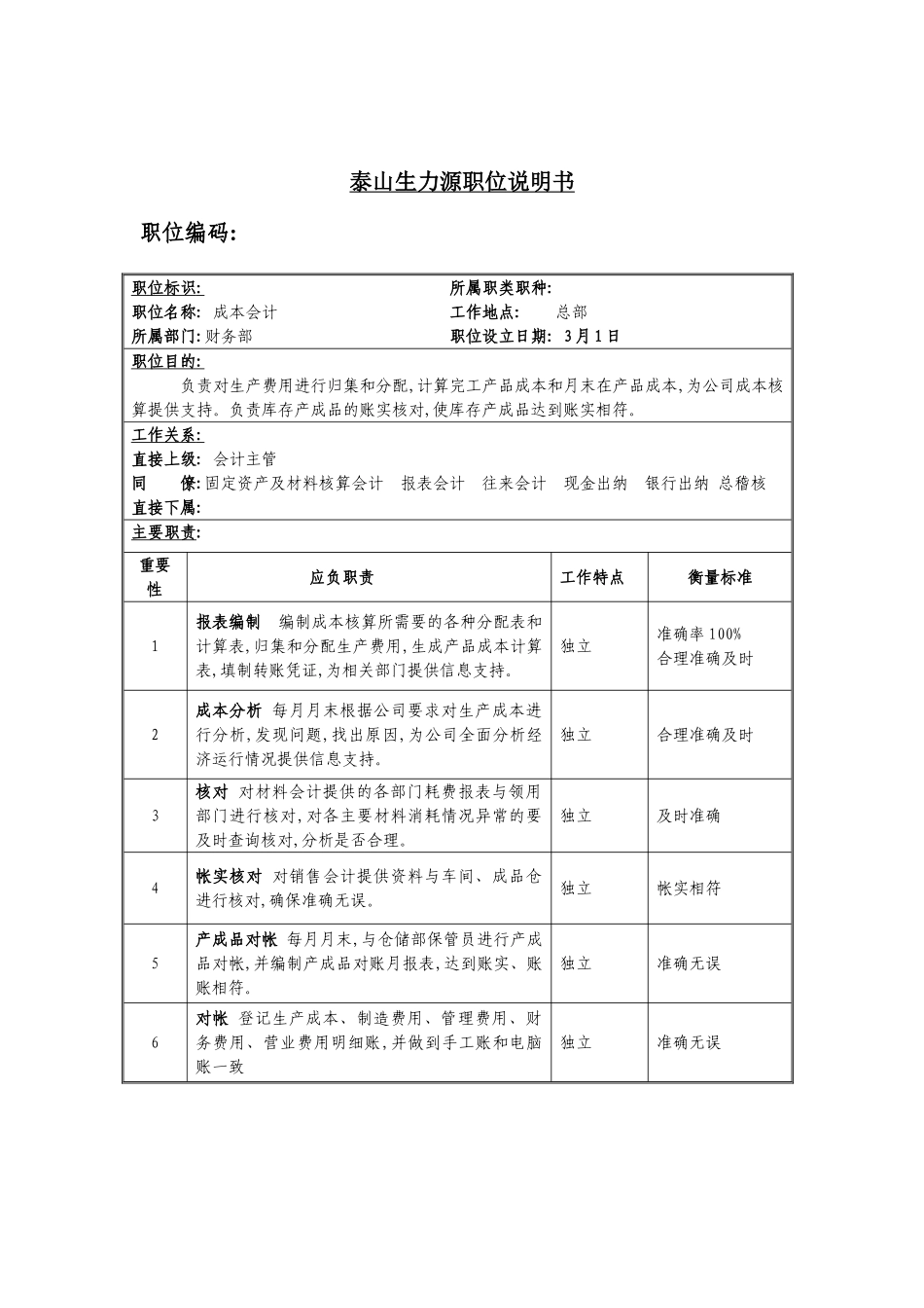 公司成本会计职位说明书_第2页