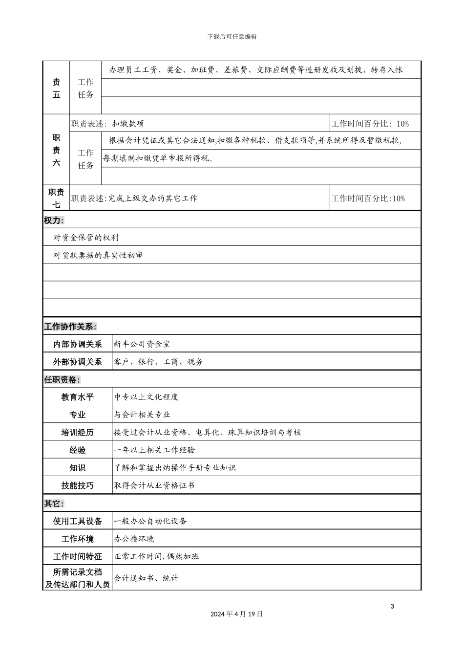 公司新丰化纤项目组出纳职务说明书_第3页