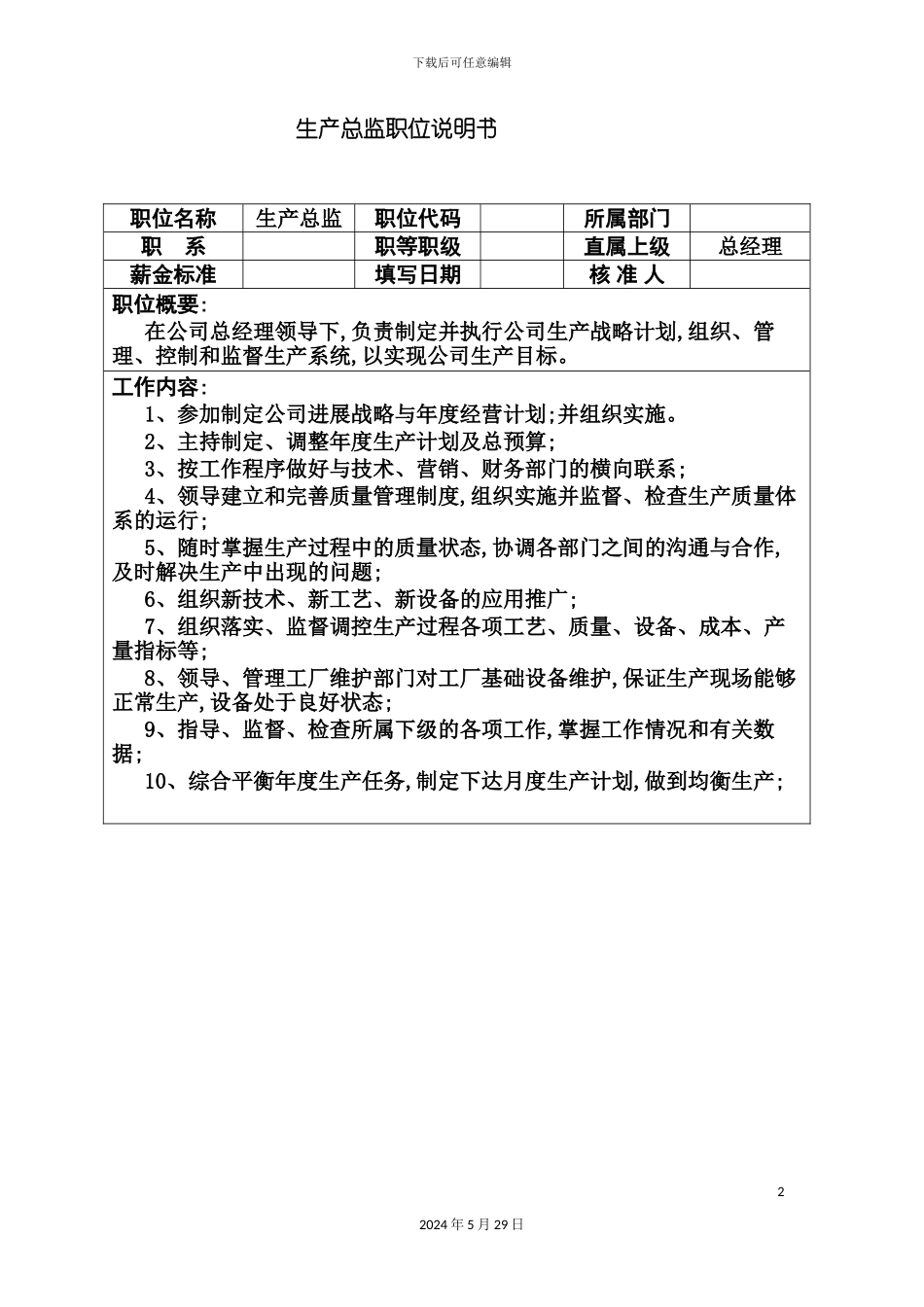 公司生产总监职位说明书_第2页