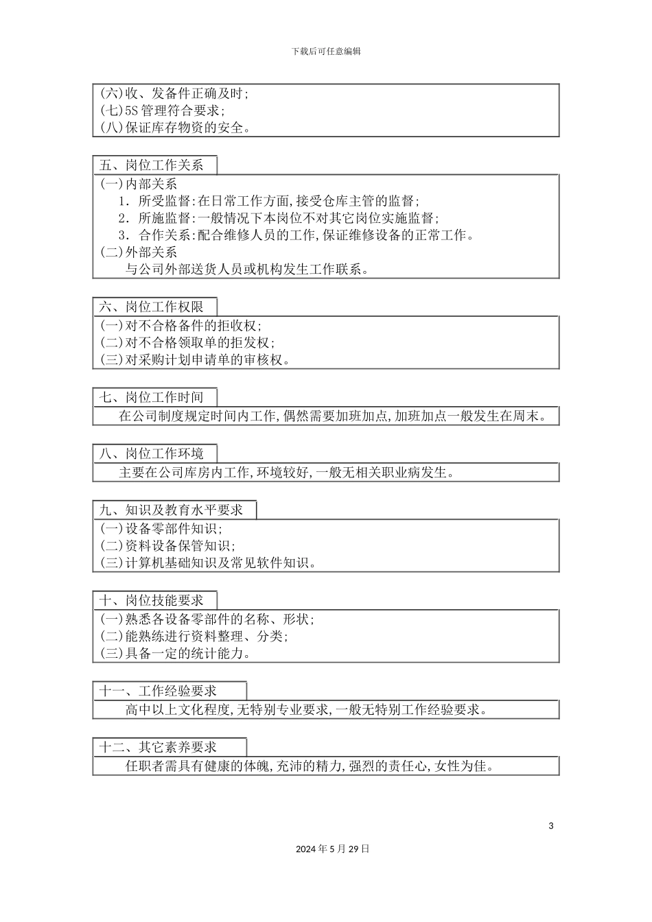 公司设备库管理员职位说明书_第3页