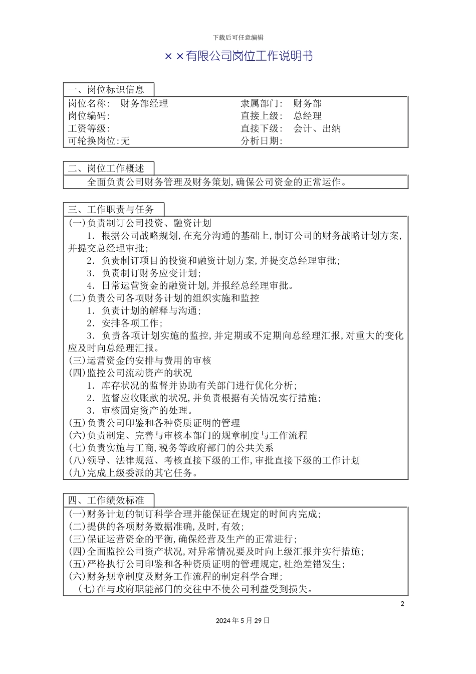 公司财务部经理职位说明书_第2页