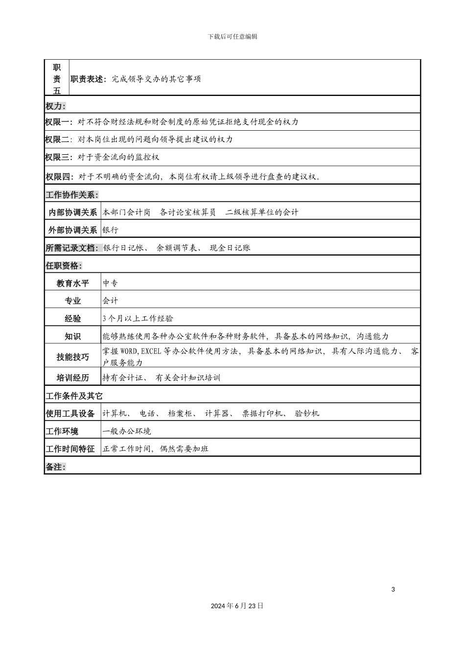 军工行业财务处出纳岗位说明书_第3页