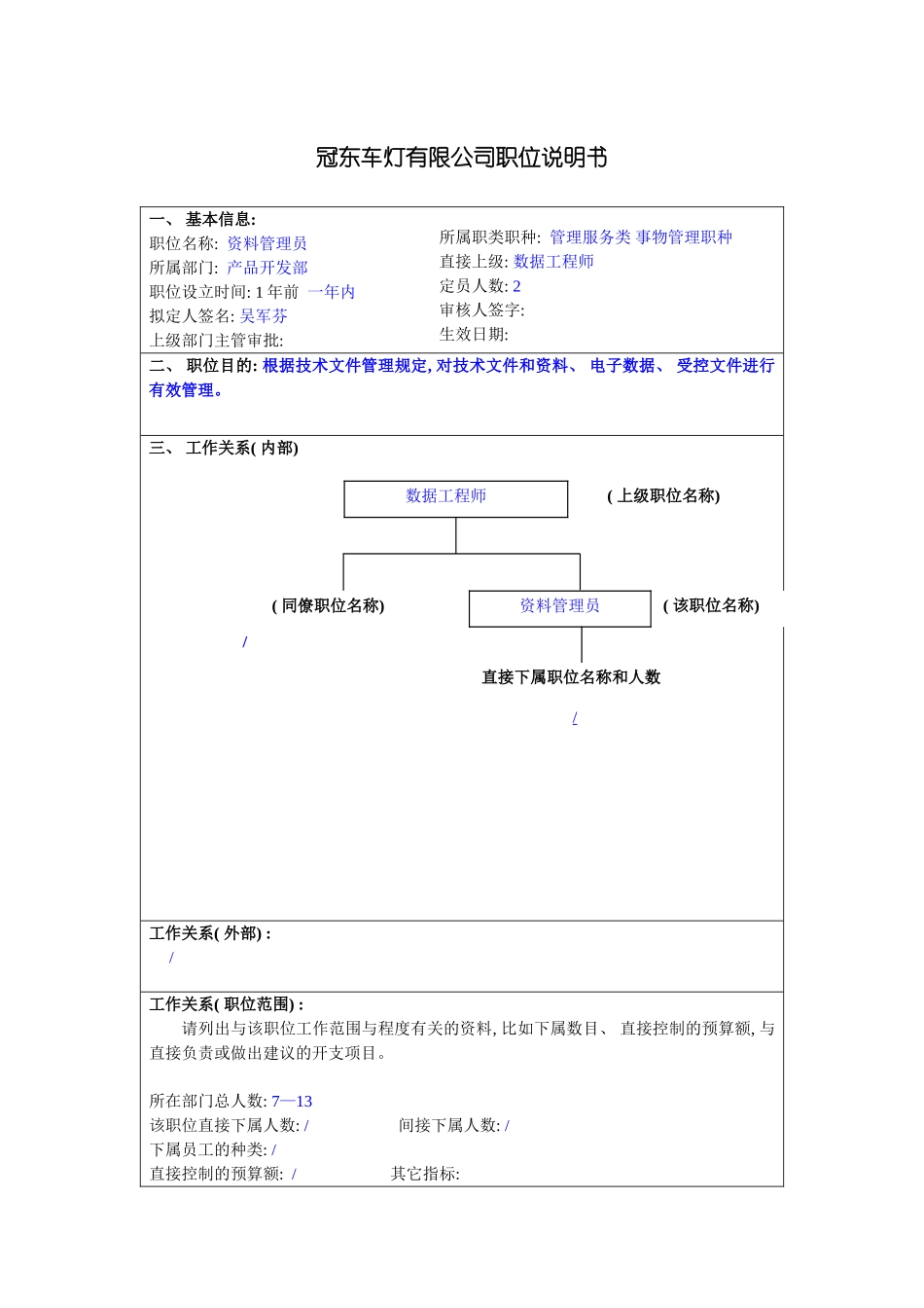 冠东车灯公司产品开发部资料管理员职位说明书_第3页