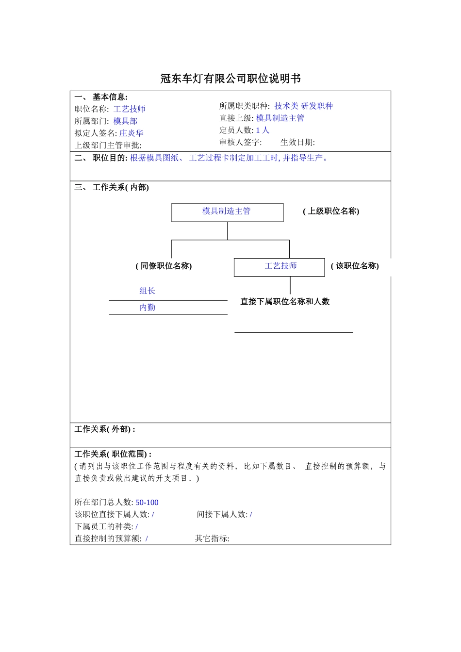 冠东车灯公司模具部工艺技师职位说明书_第3页