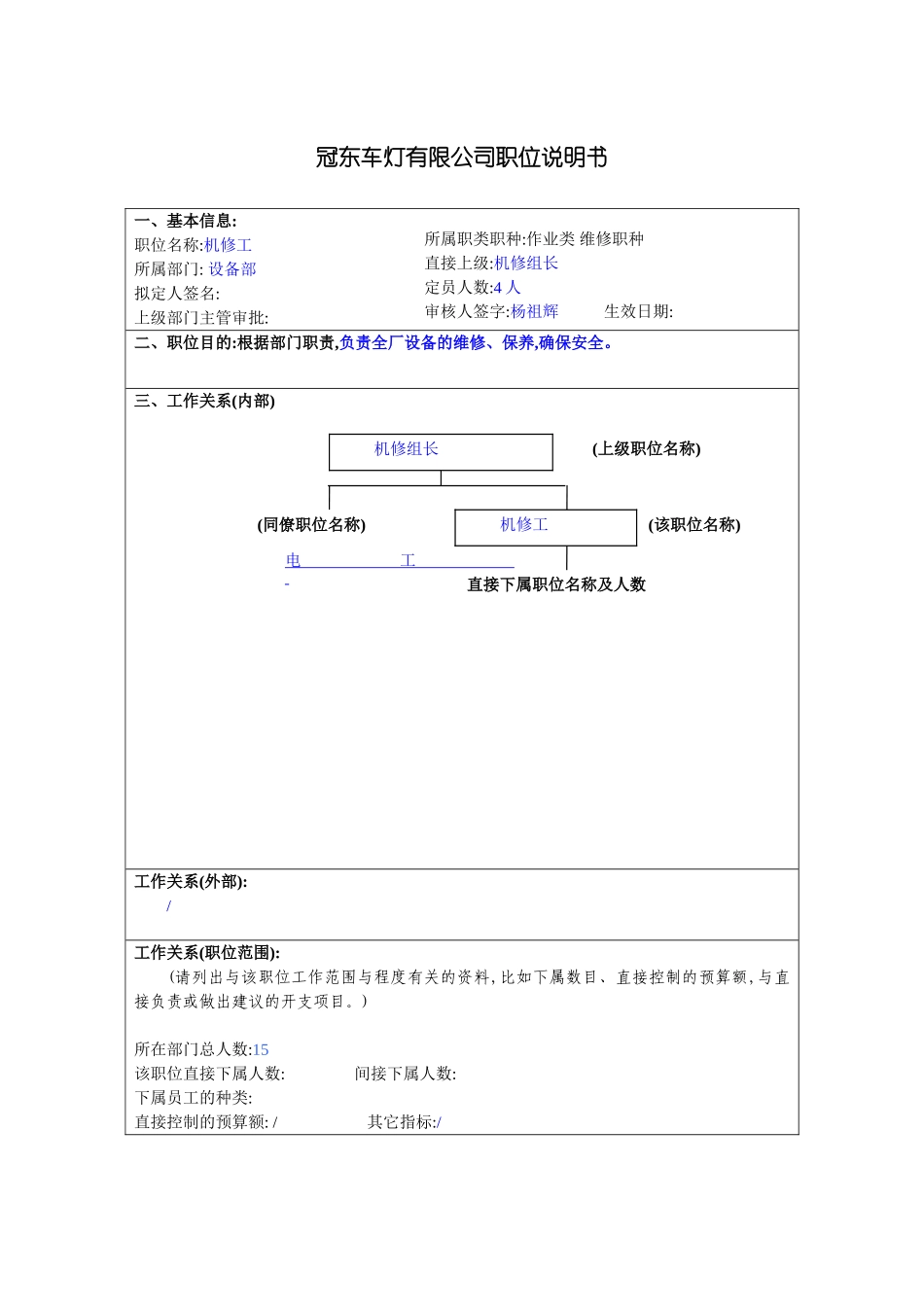冠东车灯公司设备部机修工职位说明书_第3页