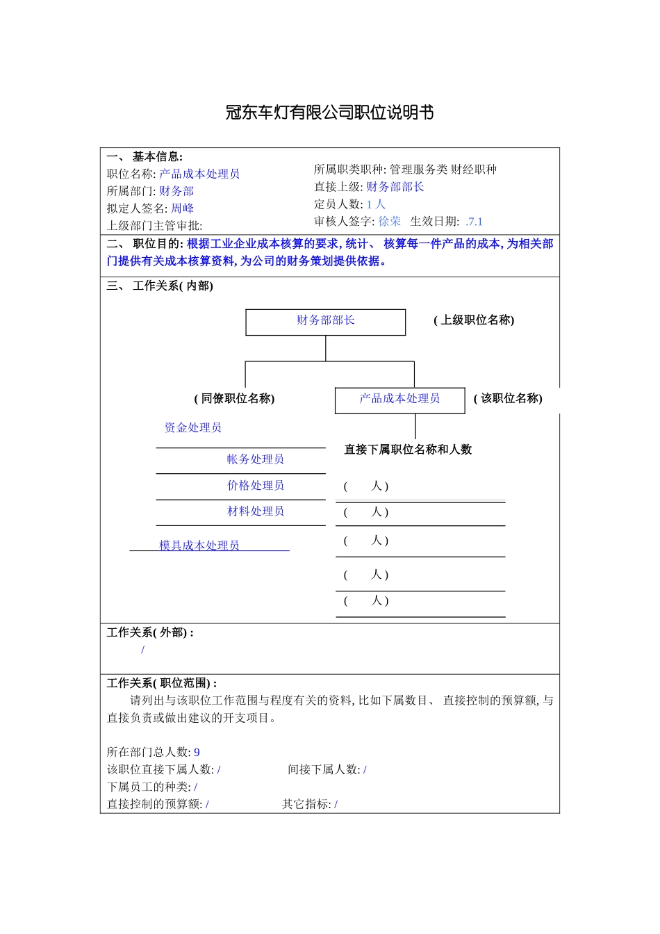 冠东车灯公司财务部产品成本处理员职位说明书_第3页