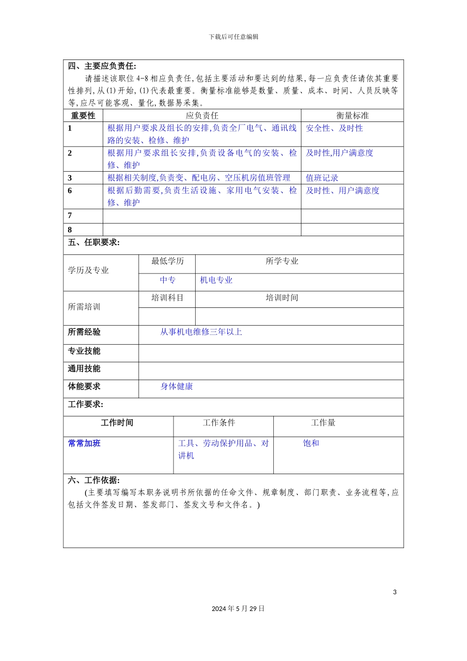 冠东车灯公司设备部电工职位说明书_第3页