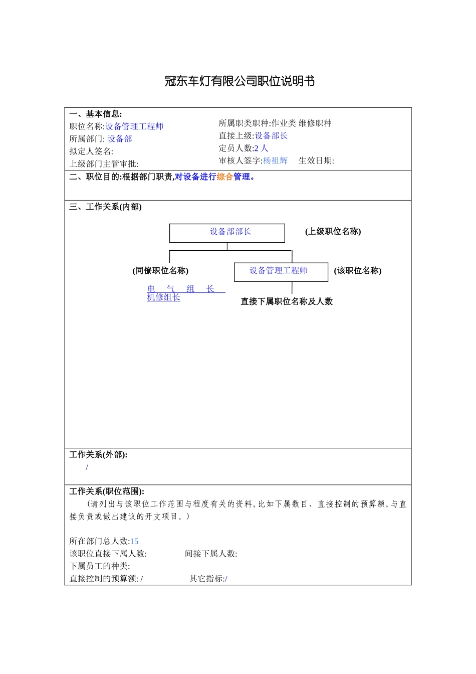 冠东车灯公司设备部设备管理工程师职位说明书_第3页