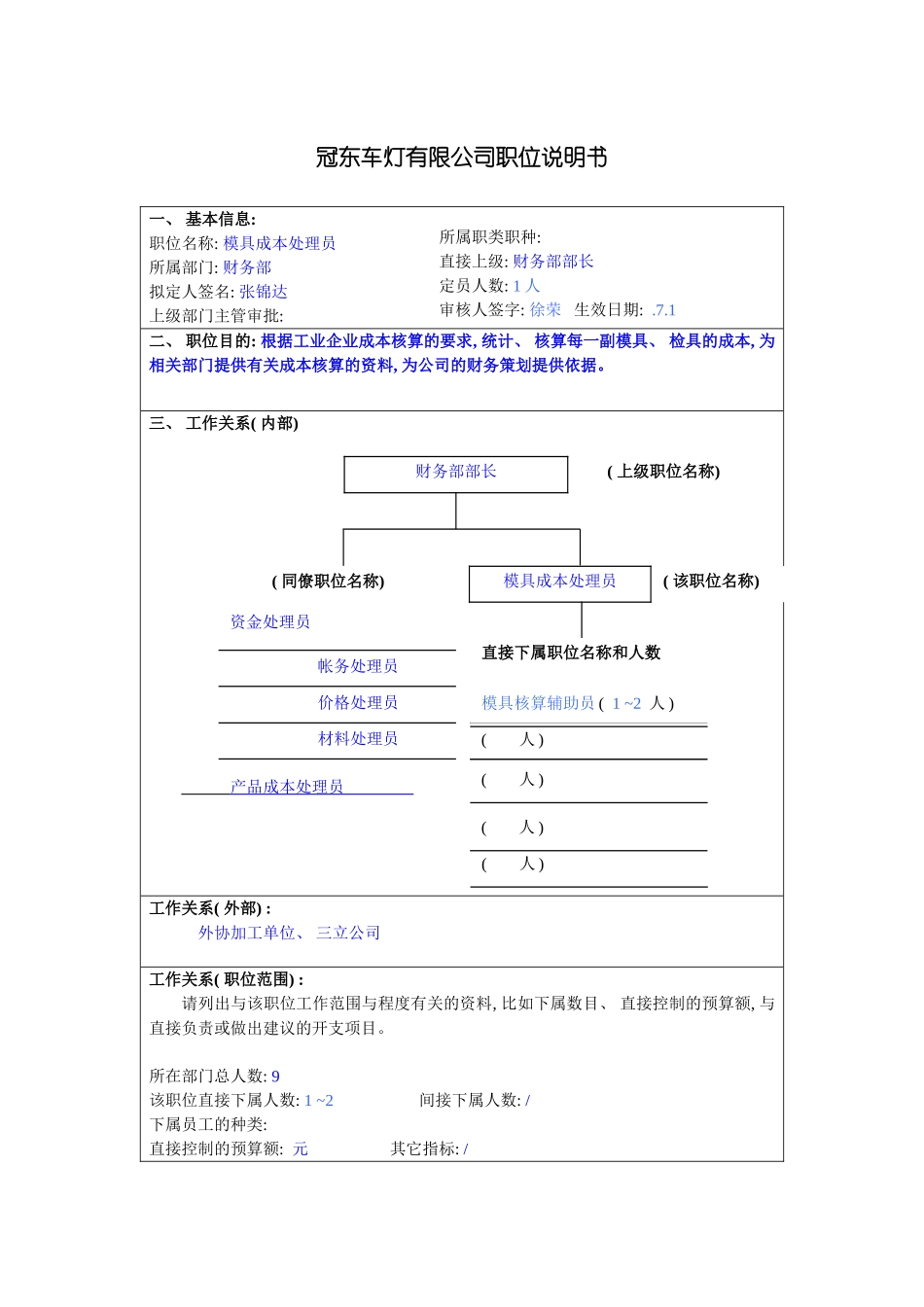 冠东车灯公司财务部模具成本处理员职位说明书_第3页