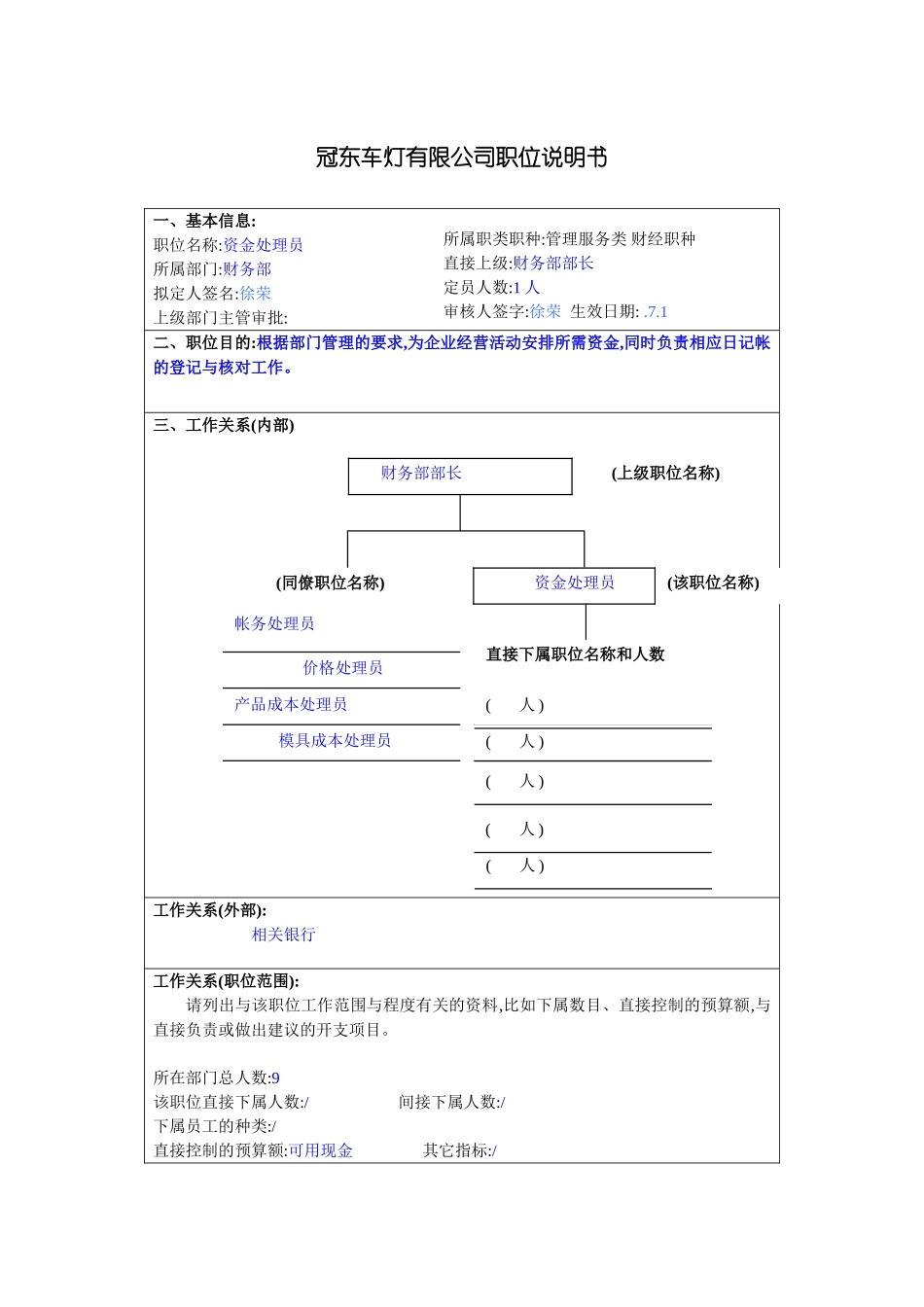 冠东车灯公司财务部资金处理员职位说明书_第3页