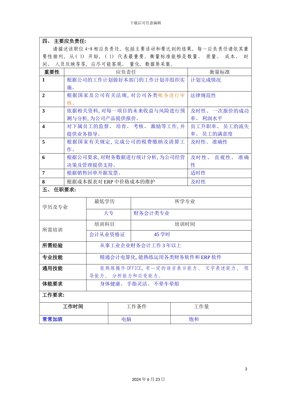 冠东车灯公司财务部部长职位说明书_第3页