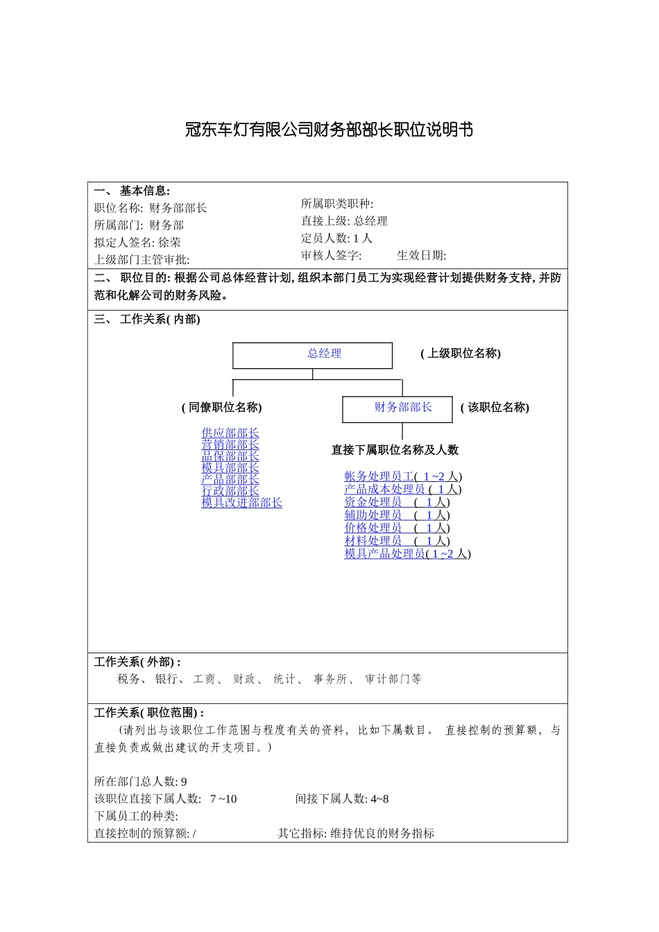 冠东车灯有限公司财务部部长职位说明书_第3页