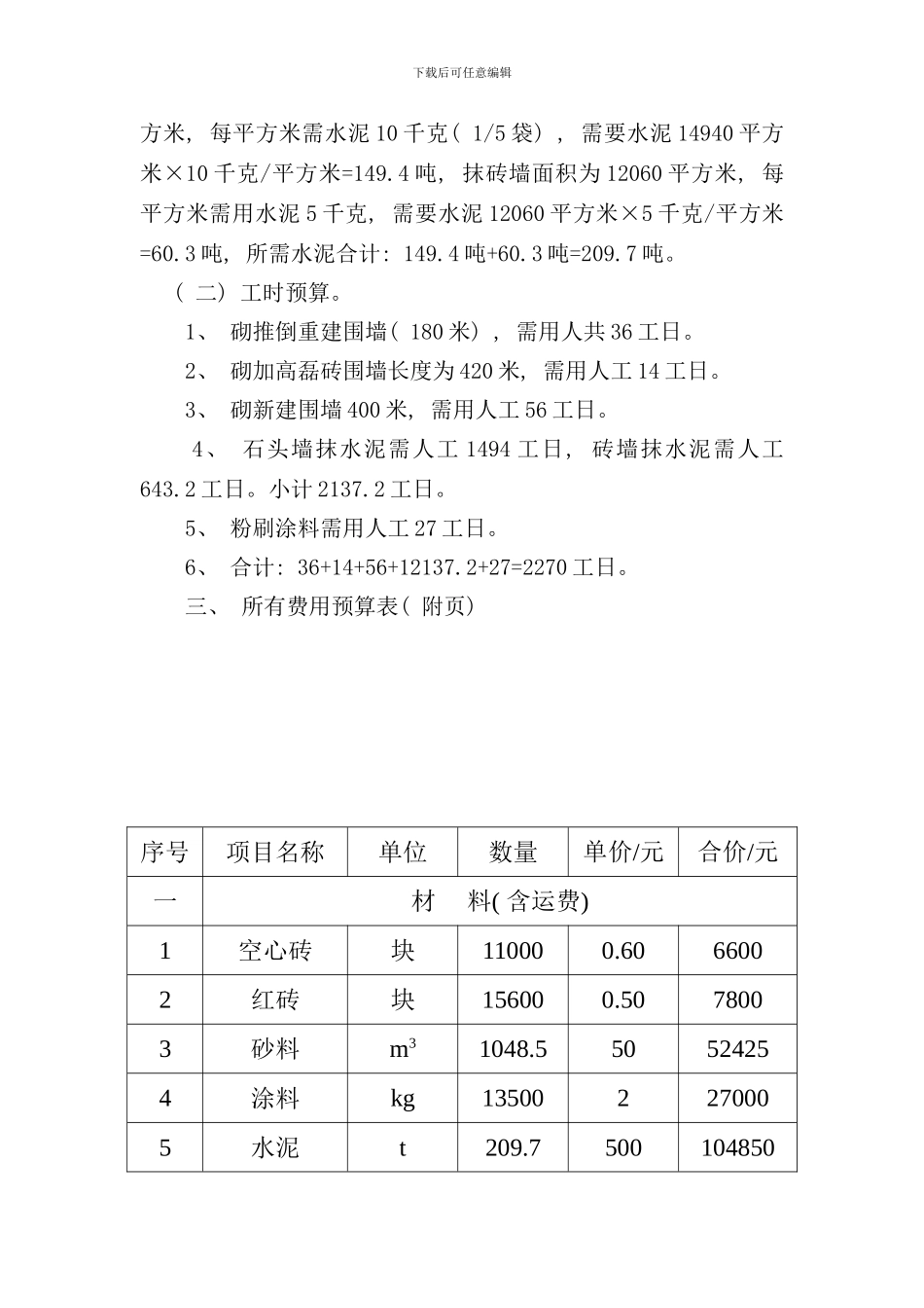 砖砌围墙预算书样本_第3页