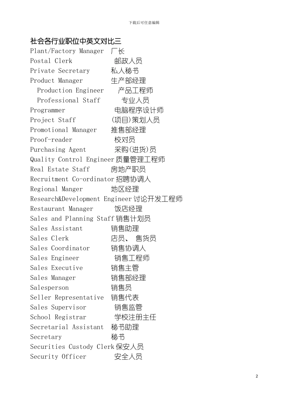 社会各行业职位中英文对照三模板_第2页