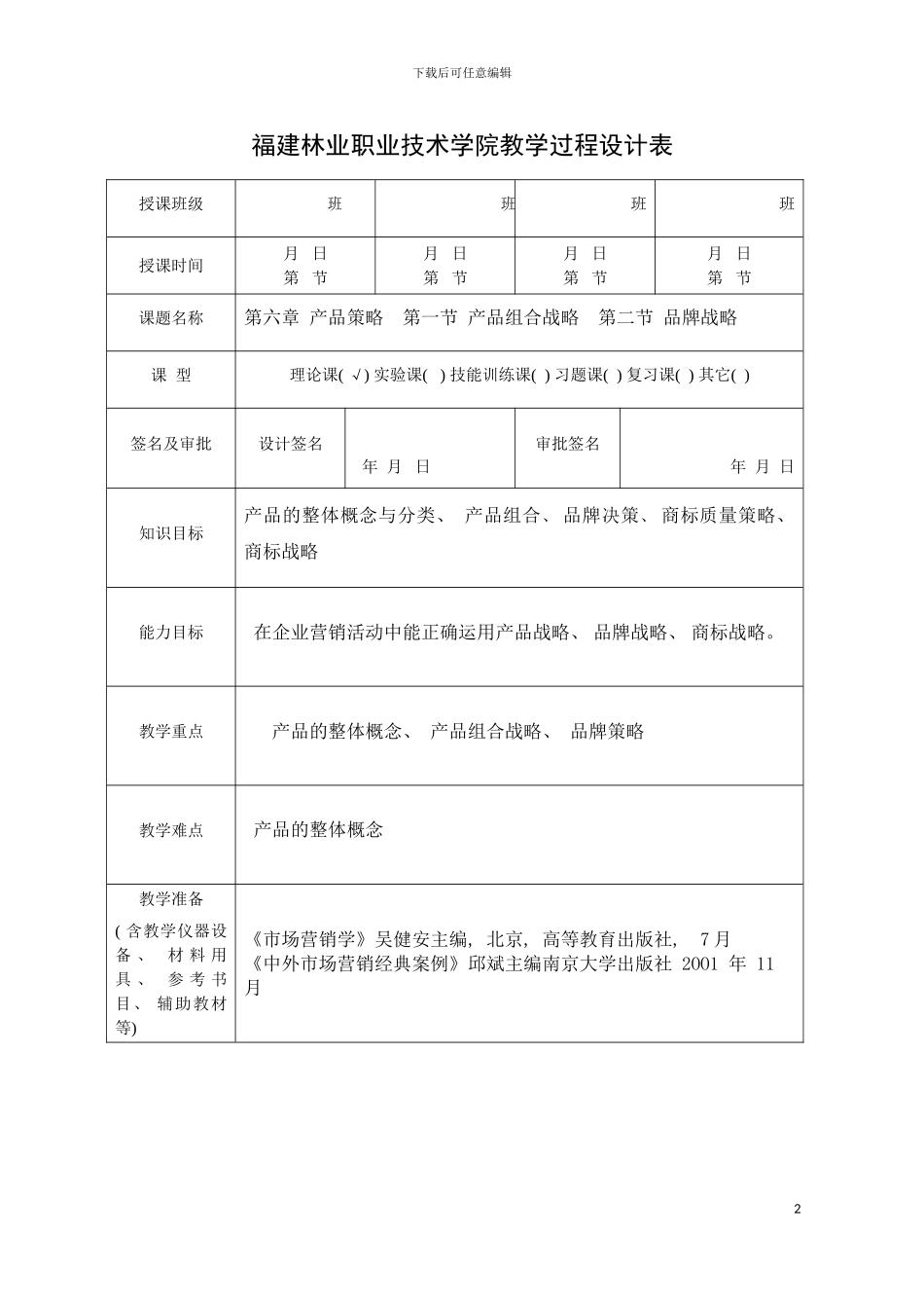 福建林业职业技术学院教学过程设计表模板_第2页