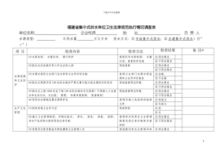 福建省集中式供水单位卫生规范执行情况调查表模板_第2页