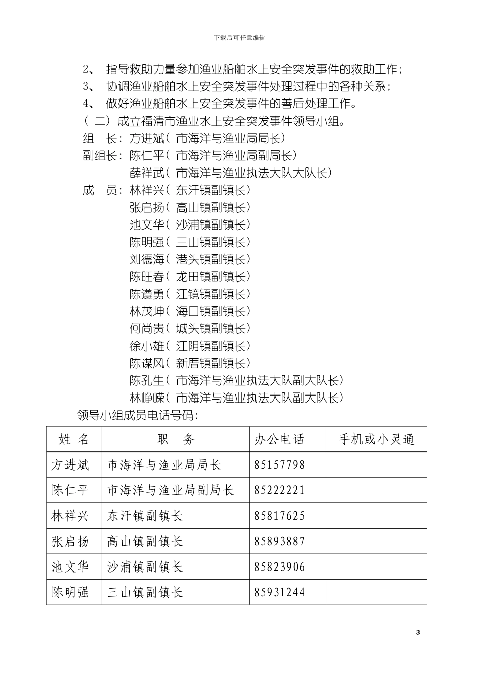 福清市渔业水上安全突发事件应急预案模板_第3页