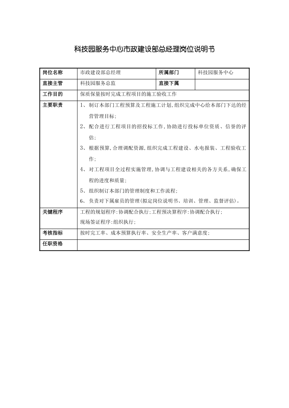 科技园服务中心市政建设部总经理岗位说明书_第3页