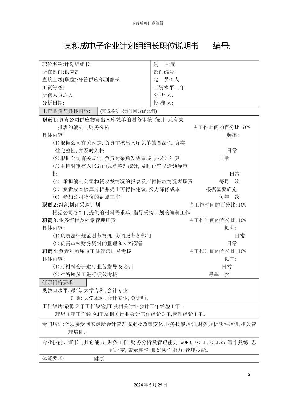 积成电子企业计划组组长职位说明书_第2页