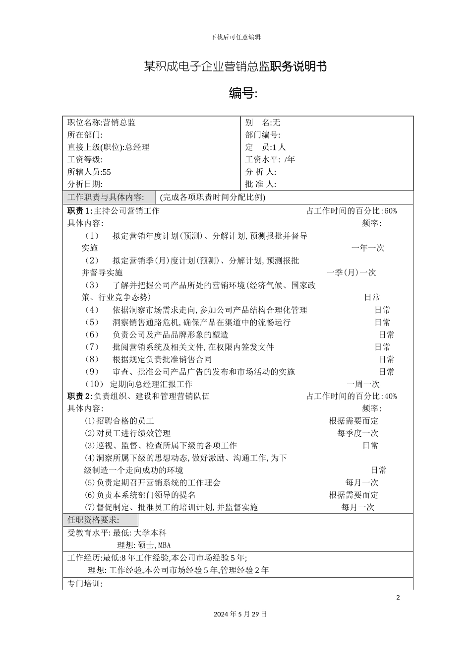 积成电子企业营销总监职务说明书_第2页