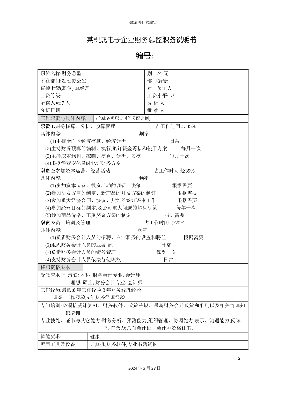 积成电子企业财务总监职务说明书_第2页
