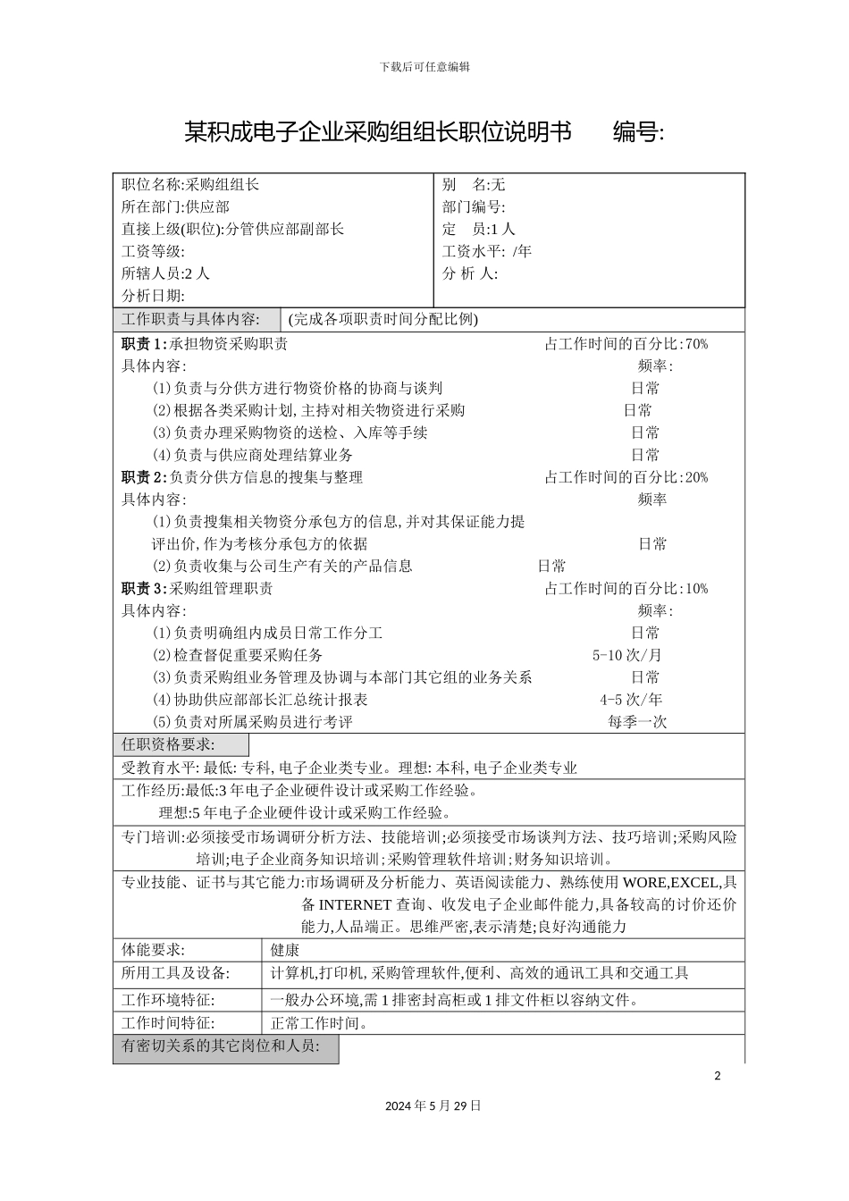 积成电子企业采购组组长职位说明书_第2页