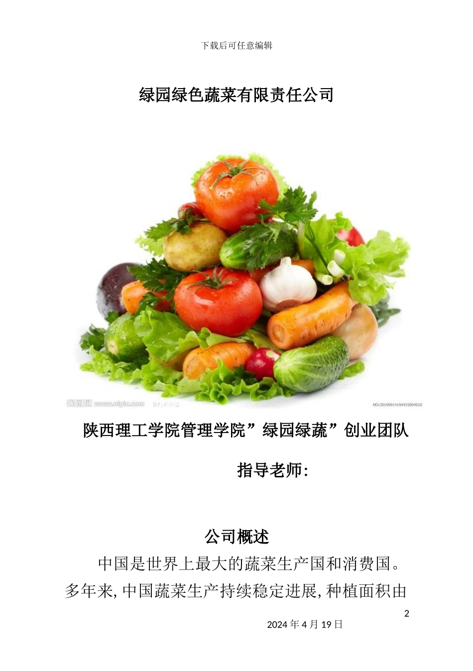 绿色蔬菜创业计划书_第2页