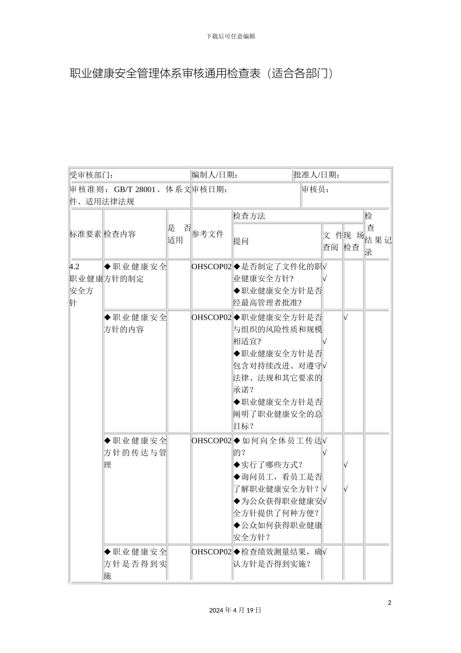 职业健康安全管理体系审核通用检查表范本_第2页