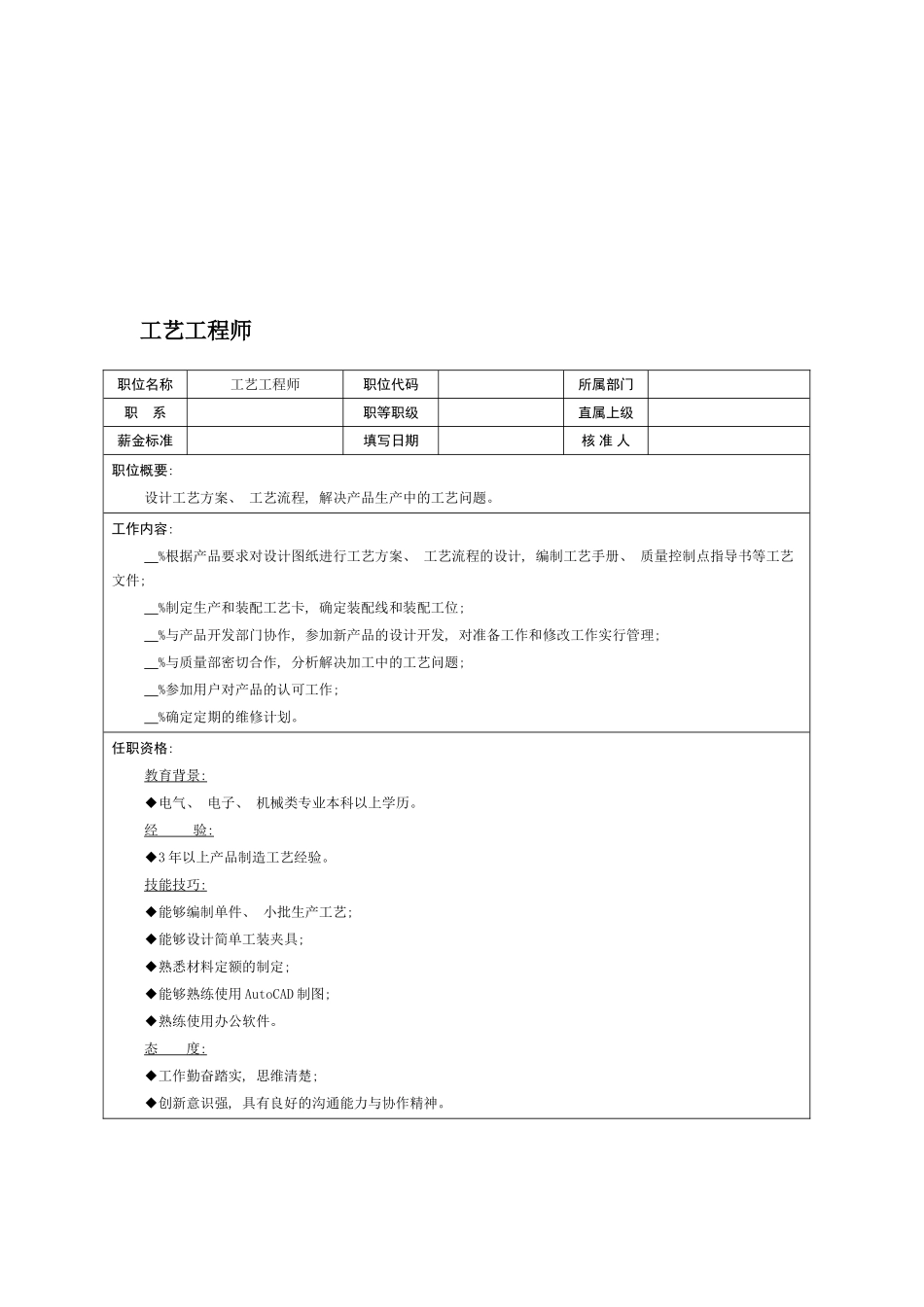 职位说明书工艺工程师模板_第2页