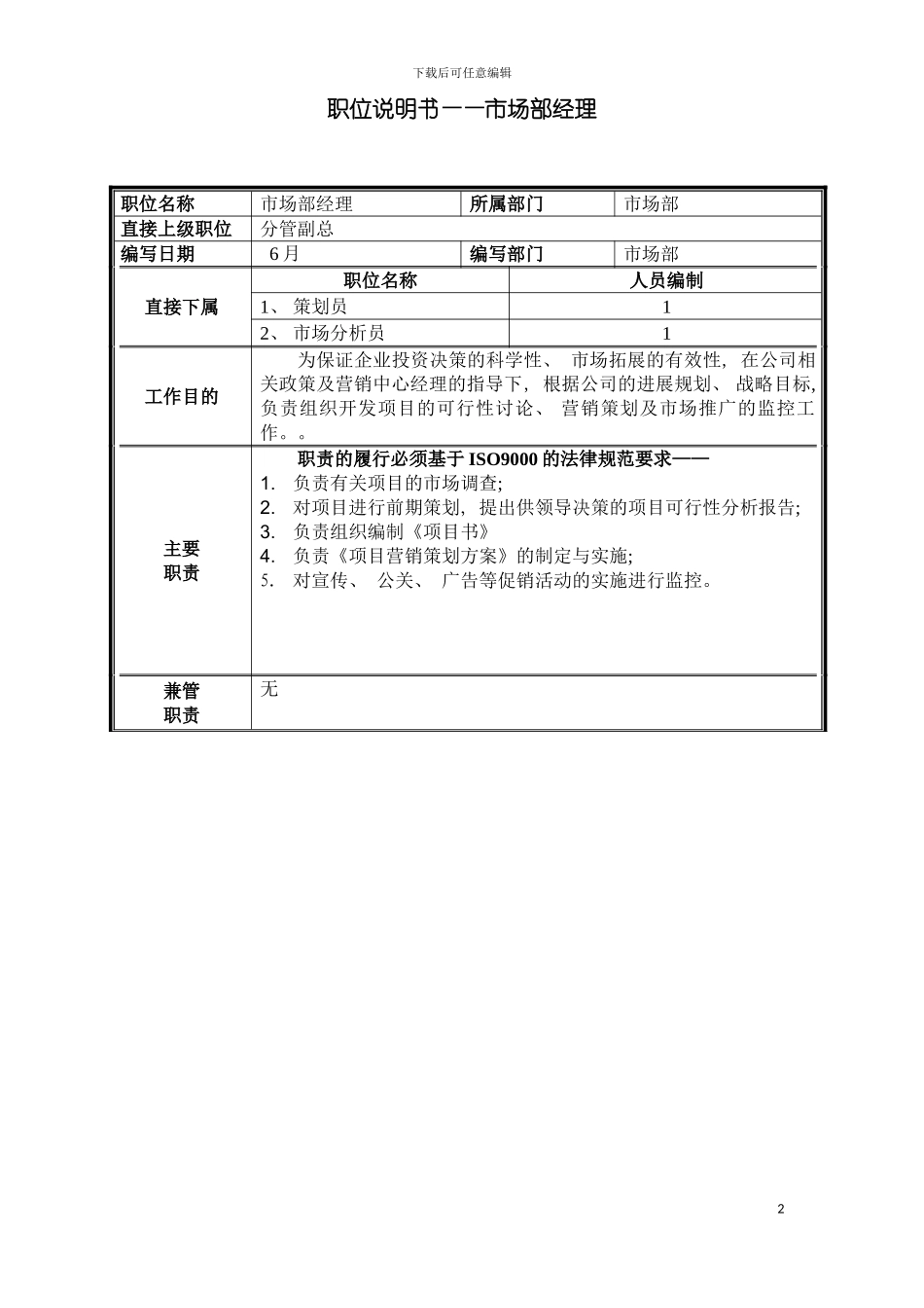 职位说明书市场部经理模板_第2页