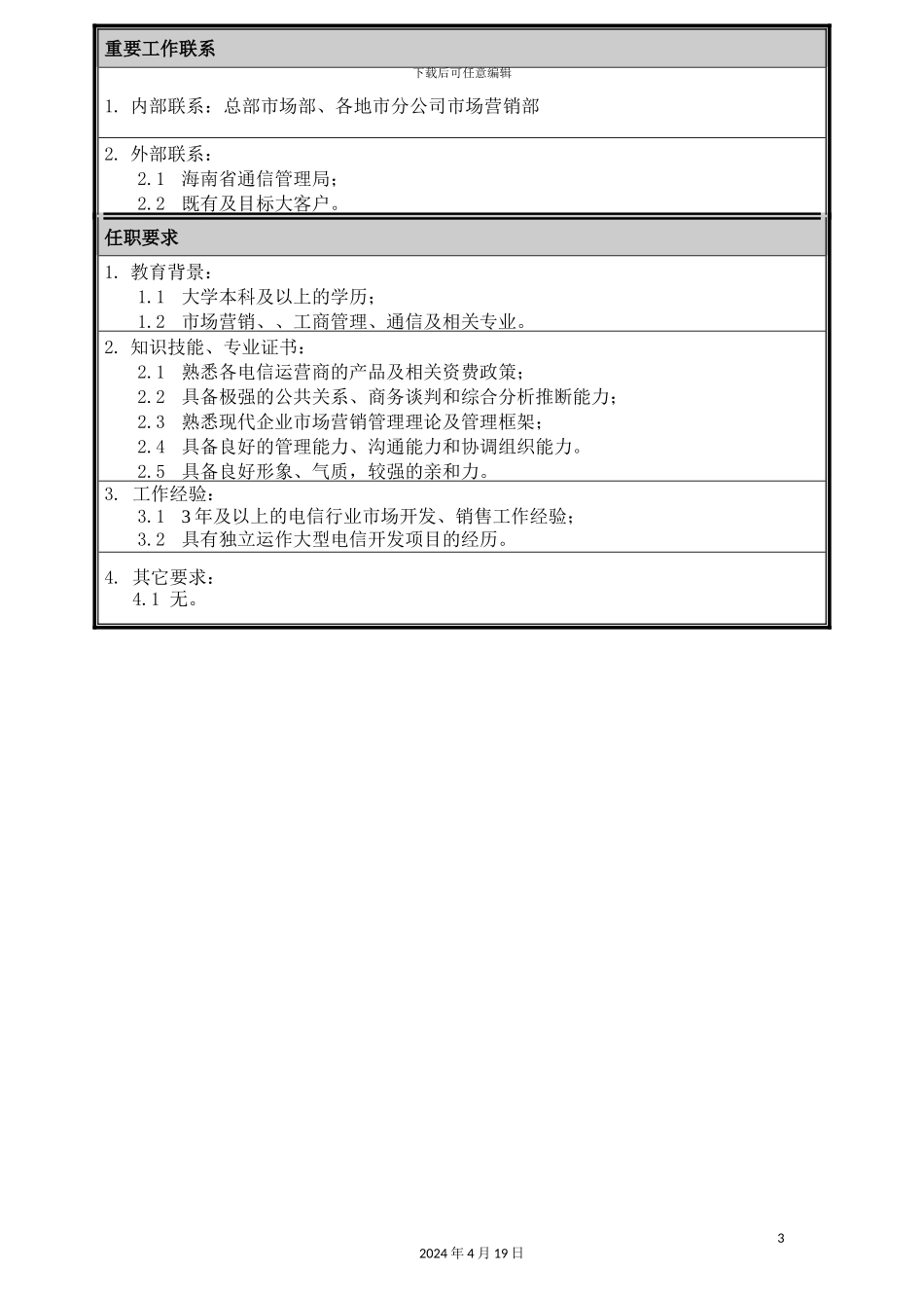 职位说明书市场营销部大客户部经理_第3页