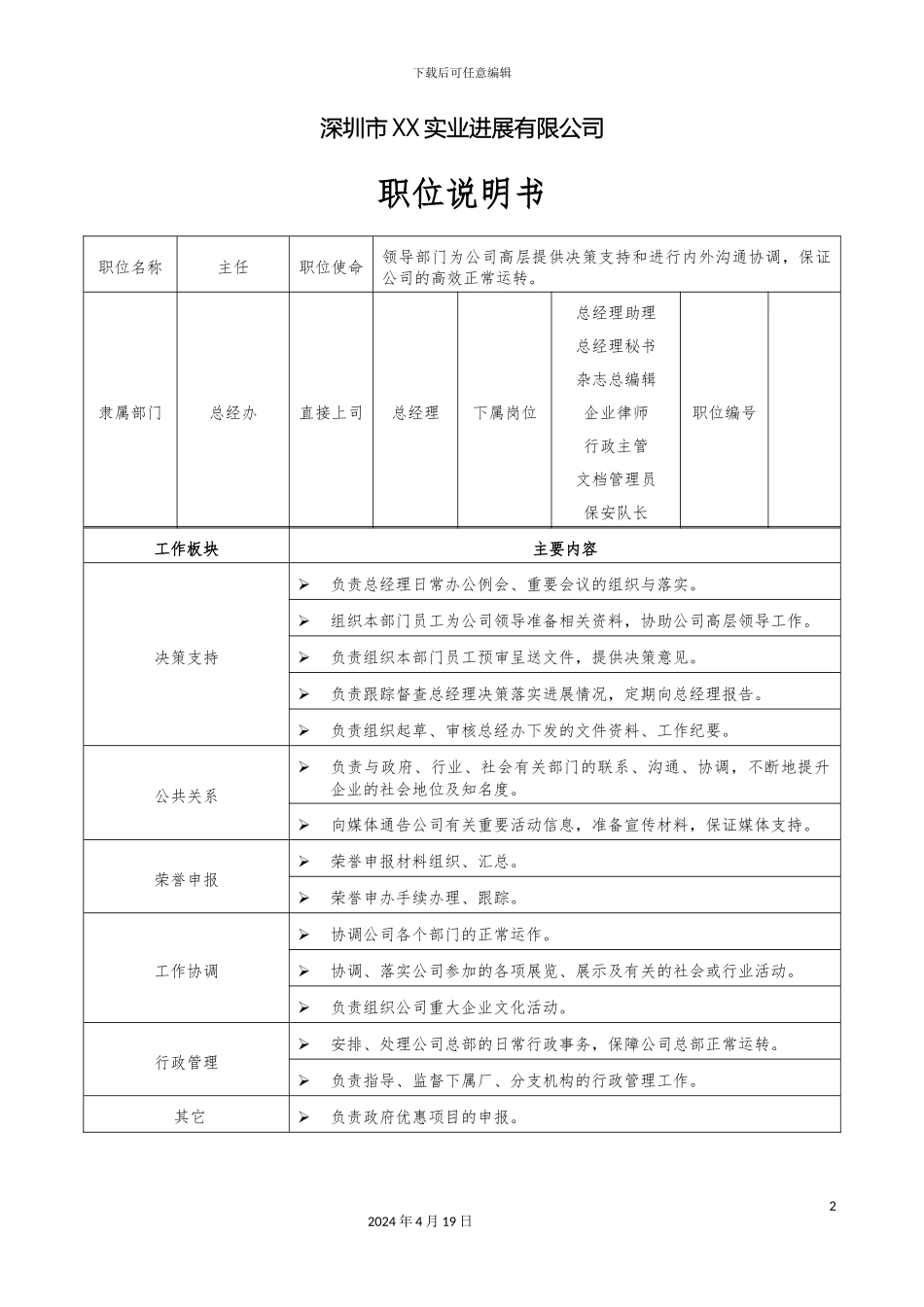 职位说明书总经理办公室范文_第2页