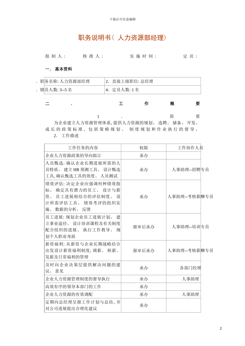 职务说明书(人力资源部经理)模板_第2页