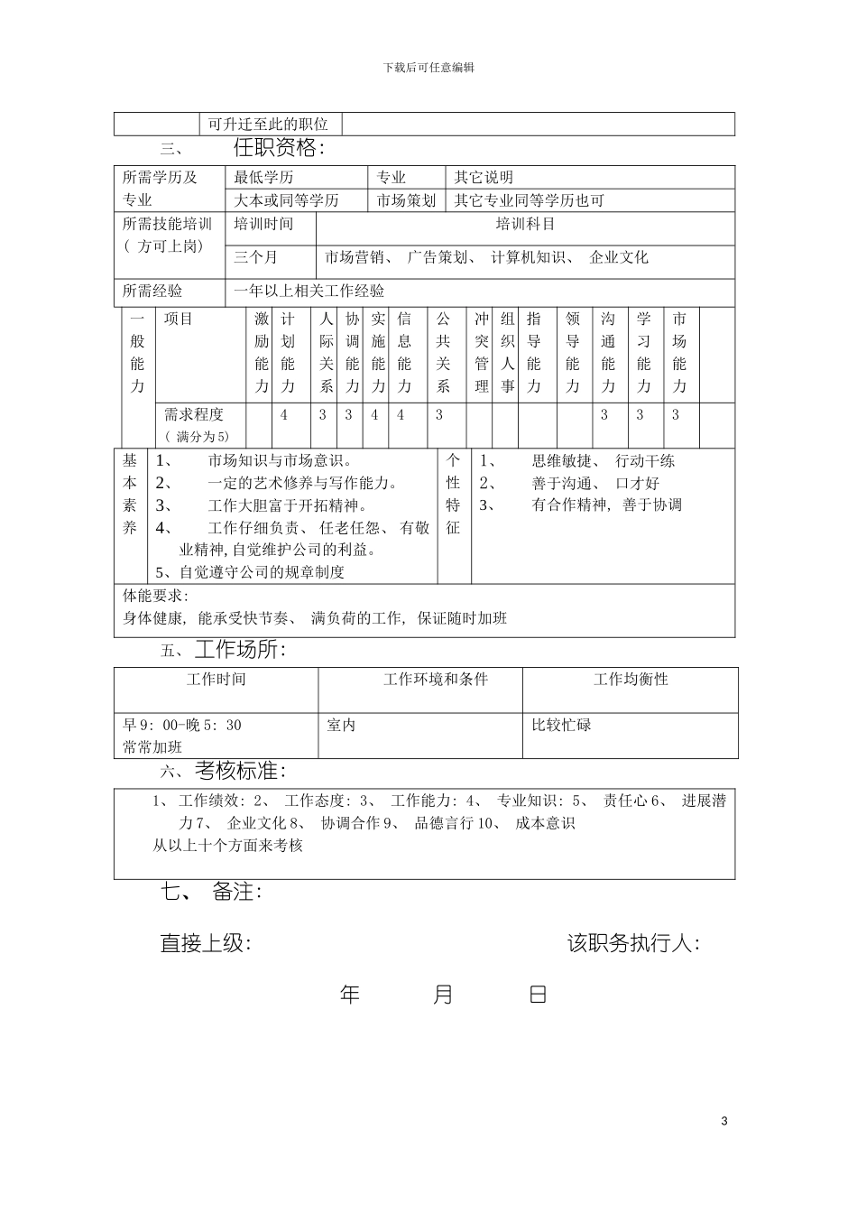 职务说明书(市场部干事)模板_第3页
