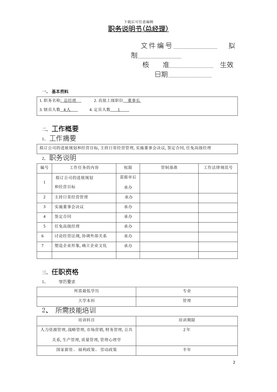 职务说明书(总经理模板_第2页