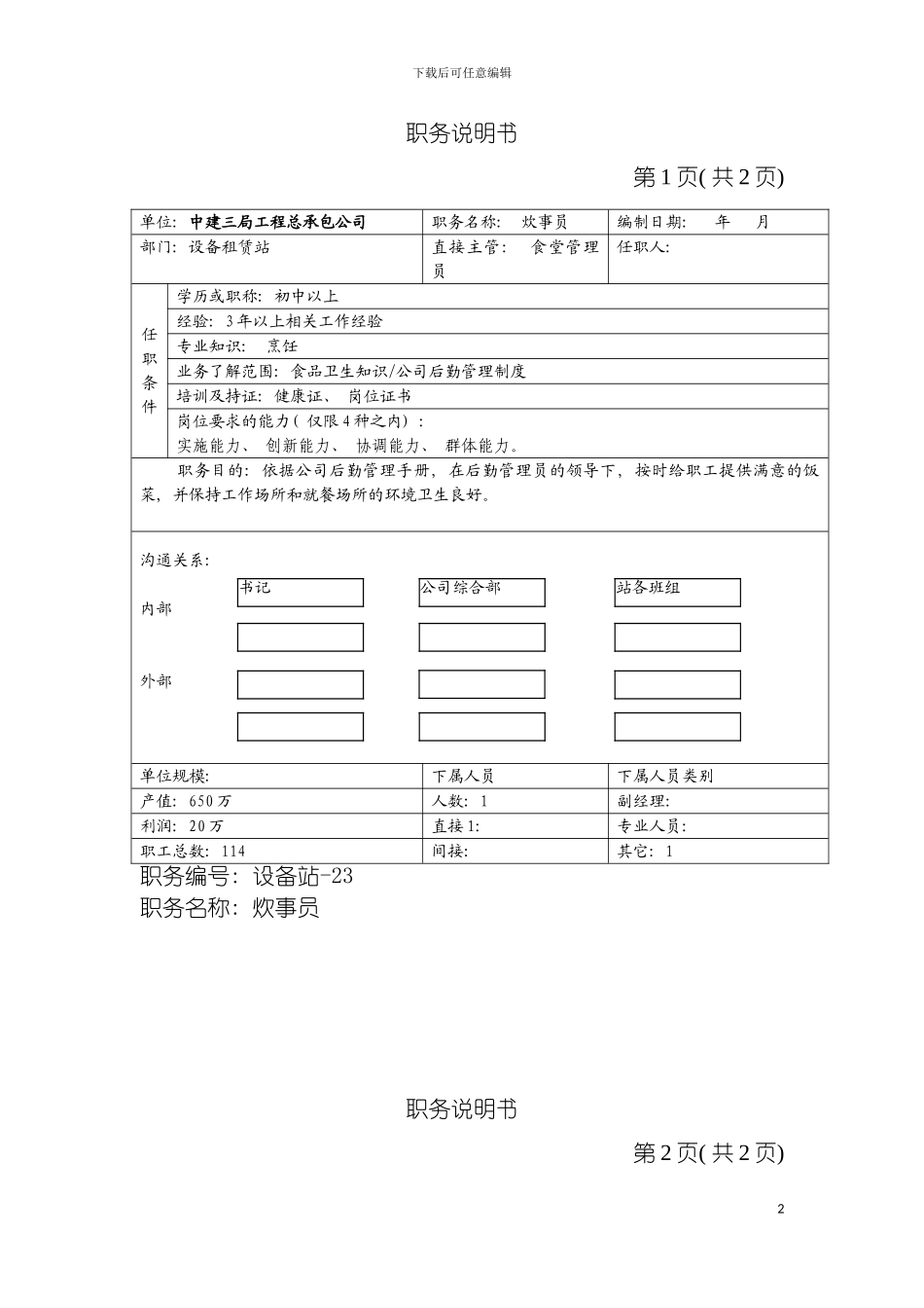 职务说明书炊事员模板_第2页