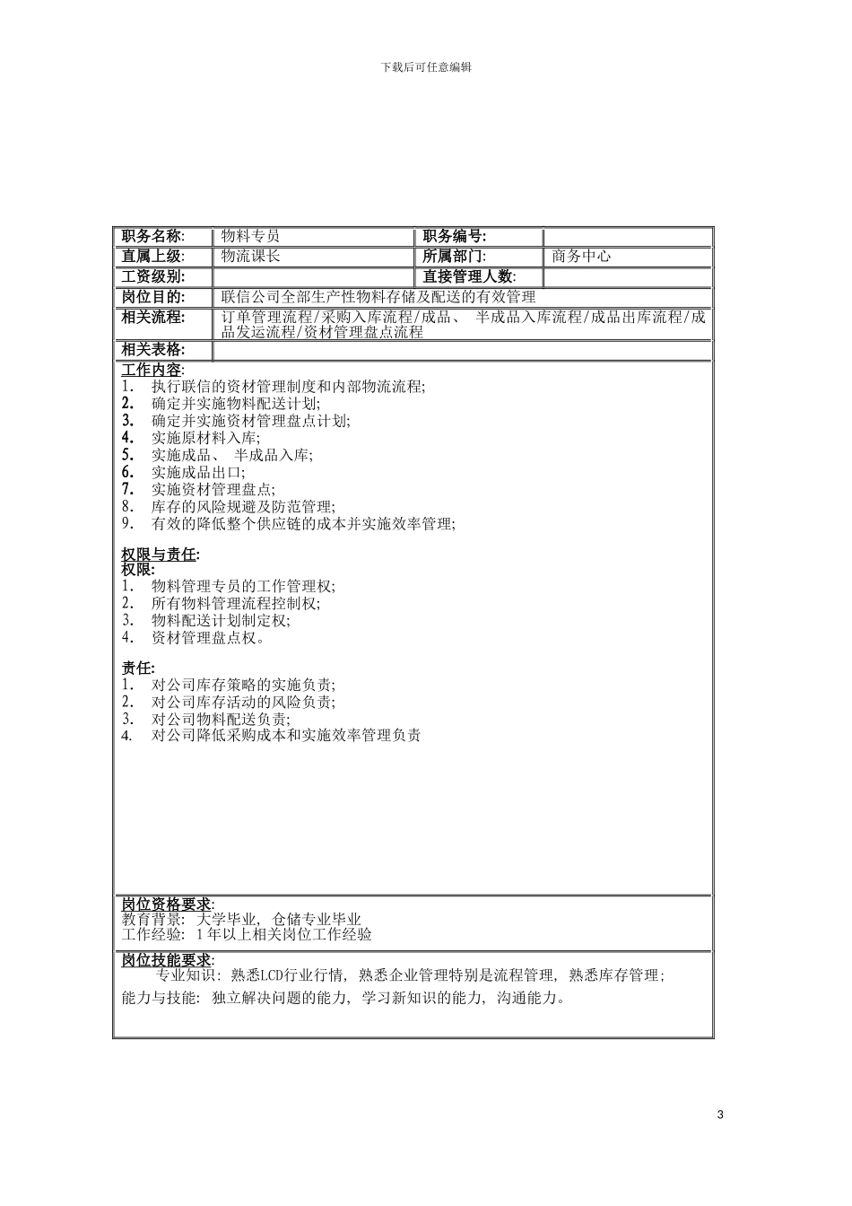 联信光电子公司物料专员岗位说明书模板_第3页