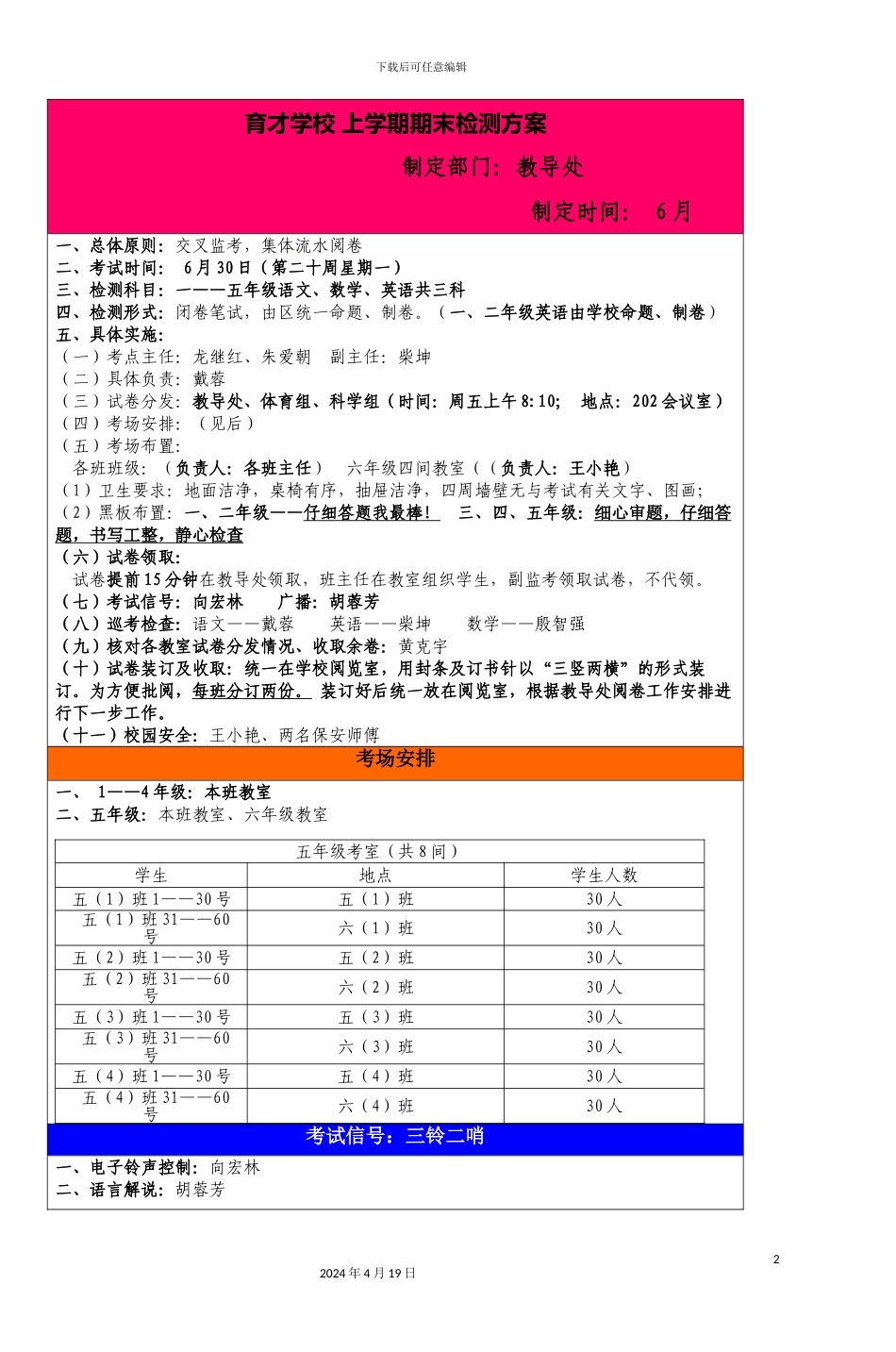 育才学校上学期期末检测方案范文_第2页