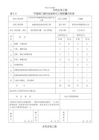 自排闸平面闸门埋件安装单元工程质量评定表模板