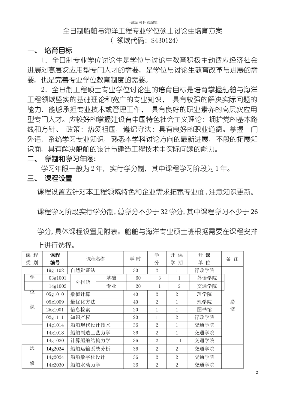 船海工程专业硕士研究生培养方案doc船海系工程硕士研究模板_第2页