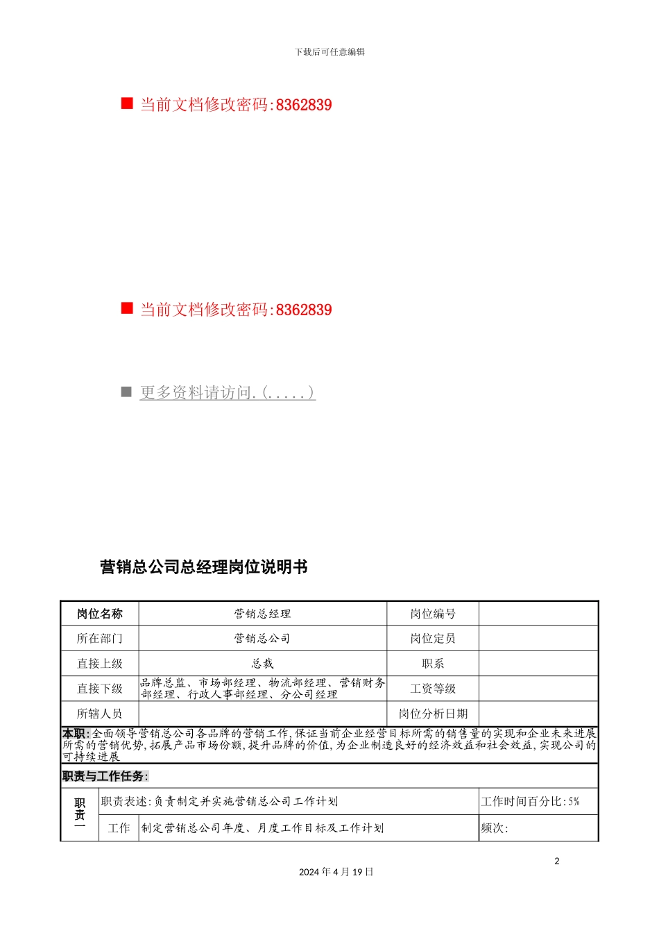 营销总公司总经理工作说明书_第2页