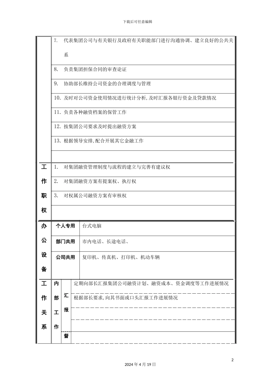 融资管理主管的职位说明书_第3页